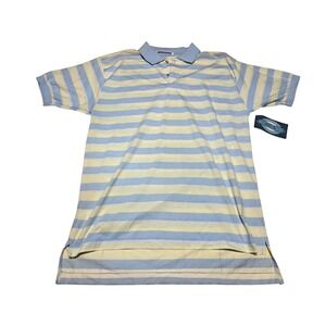 Academia Preppy Striped Polo Shirt Blue Yellow Men's L Drop-tail Hem